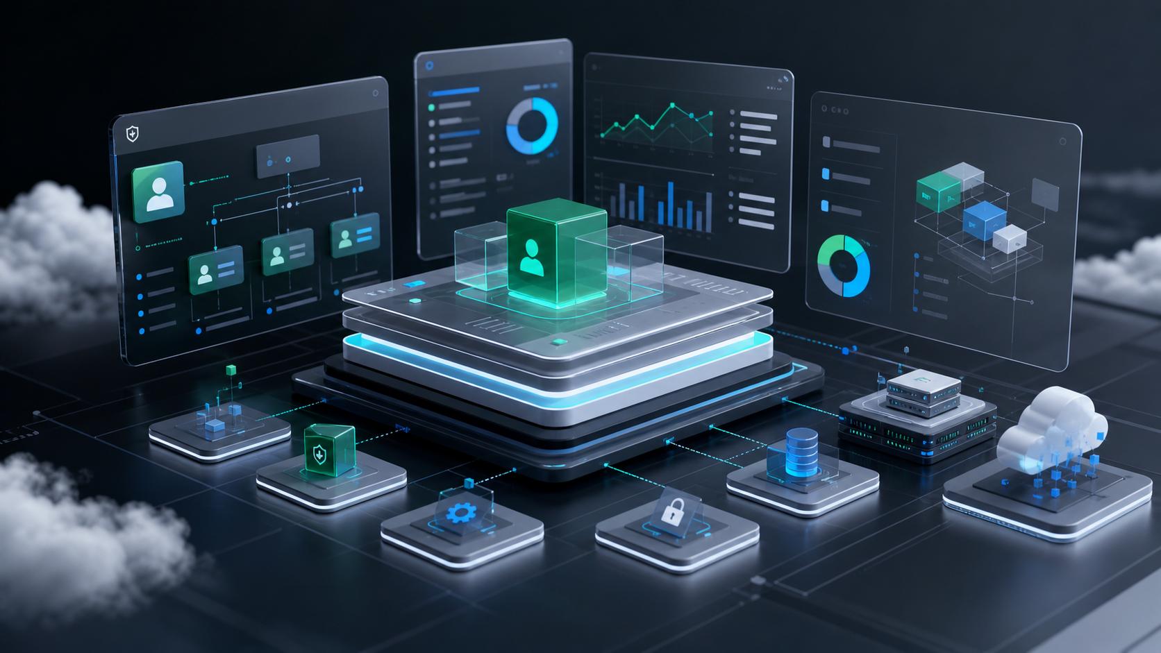 Ecossistema modular do KortexOS com core central, segmentos e plugins conectados